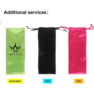 Three drawstring bags in green, black, and pink, featuring a logo on the green bag.