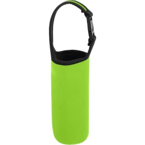 A drink bottle carrier pouch in bright green with a black handle and a smooth, fitted design.