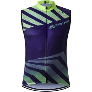 A sleeveless cycling vest in purple and green with a geometric pattern and a front zipper, featuring a logo.