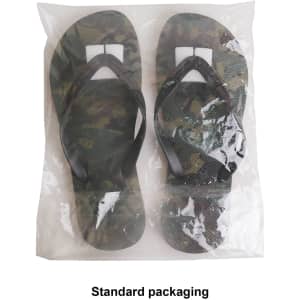 A pair of camouflage rubber thongs in standard packaging, featuring black straps and a textured sole.