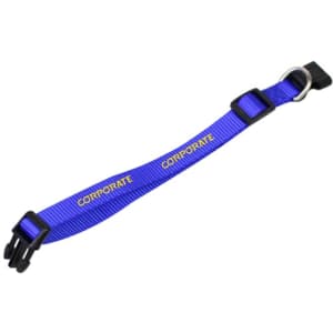 A blue dog collar with adjustable components and a metal ring, featuring a logo.
