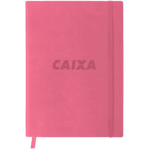 A pink PU cover notebook with an elastic closure and a branding logo on the front.