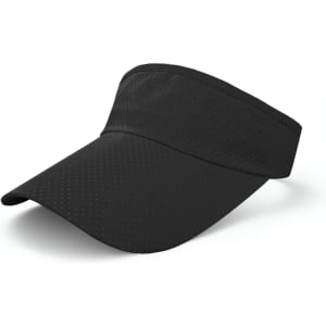 A breathable black sun visor featuring a wide brim and a perforated design for ventilation. It includes a logo.