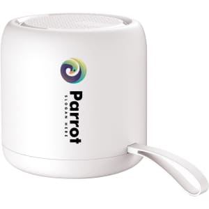 A portable waterproof Bluetooth speaker in white, featuring a logo and a convenient handle for easy carrying.