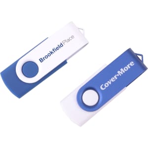 A blue and white Belton Swivel Flash Drive featuring two designs, each with a logo on the surface.