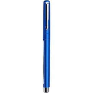 A blue promotional pen with a shiny silver clip and a sleek design. It includes a logo on its body.