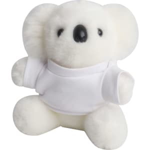 A white koala plush toy wearing a white shirt, featuring a cute face and soft, fuzzy texture.