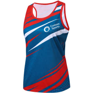 A blue and red sublimated sports singlet featuring a logo on the front and dynamic design elements.