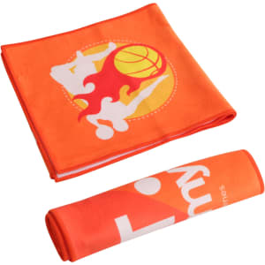 An orange sports towel featuring a basketball design, rolled and folded, with a branding logo present.