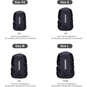 A reflective black rain cover for backpacks in various sizes, with a logo visible on each cover.