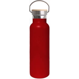 A drink bottle in bright red with a bamboo lid and metal handle, featuring a sleek double wall vacuum design.