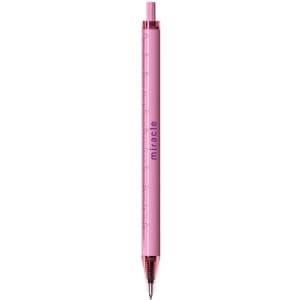 A pink plastic pen with a ruler design on the barrel and a silver writing tip. It features a logo on the side.