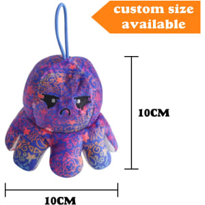 A small, reversible purple octopus plush toy with a sad face. It has a loop for hanging and features a whimsical design.