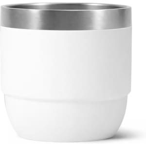 A drink bottle featuring a white exterior with a stainless steel top and a smooth finish. It includes a logo.
