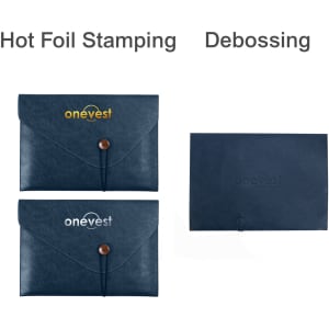 A navy PU leather folder with a button closure, featuring one logo and a debossed design on the surface.
