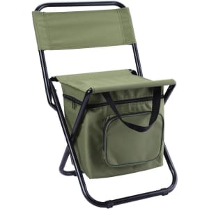 A green foldable camping chair featuring a cooler bag underneath and a sturdy black frame. It has a compact design.