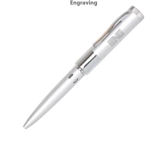 A silver flash drive pen featuring a polished design and a clip, with an engraving on the barrel.