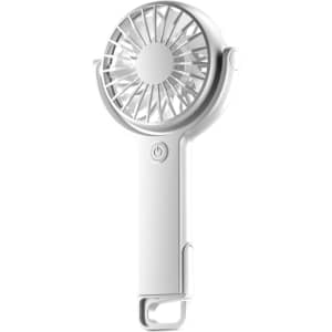 A white handheld fan with a 180° adjustable angle and a power button, featuring a circular grille design.
