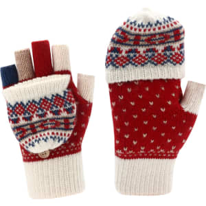 Red and cream adults' jacquard fingerless gloves with a flip cover and decorative patterns. Includes a logo.
