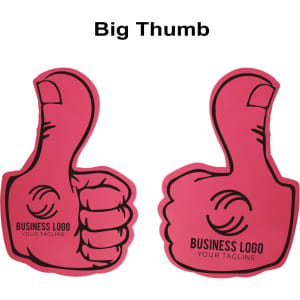 A pair of bright pink foam thumbs with a subtle logo design.