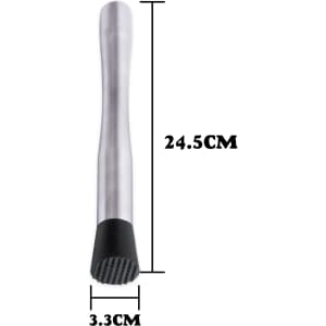 A long stainless steel cocktail muddler with a textured black rubber end, measuring 24.5 cm in length and 3.3 cm in diameter.