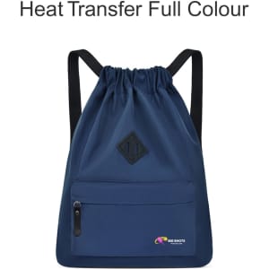 A lightweight drawstring backpack in navy blue featuring a front zip pocket and a logo.