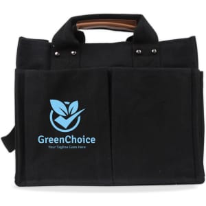A black canvas tote bag with straps, featuring front pockets and a logo on the front.