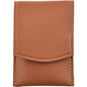 A brown portable manicure set case with colourful stitching, featuring a sleek and compact design.