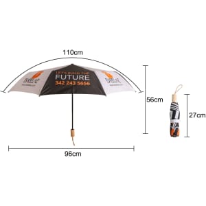A triple folding umbrella in black and white, featuring a branding logo and measuring 110cm in diameter when open.