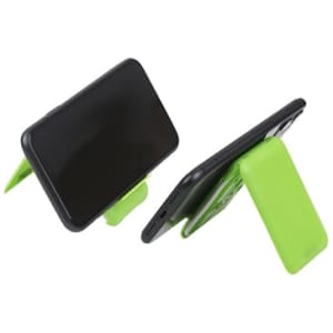 A multifunctional cable case in bright green, featuring an adjustable stand for a smartphone display.