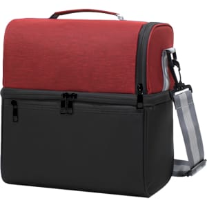 A two-compartment lunch bag in red and black, featuring a sturdy handle and a removable shoulder strap, with a logo.
