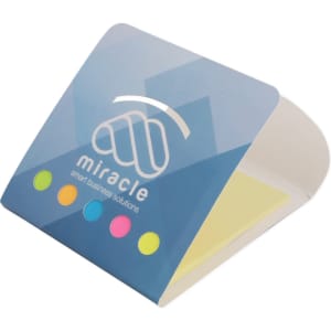 A sticky note pad with a transparent cover, featuring yellow notes and coloured flags, along with a logo.