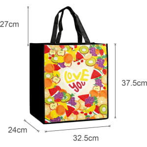 A custom sublimation tote bag featuring a vibrant fruit design with black sides. It has two sturdy handles.