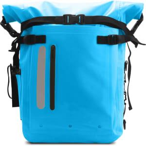 A waterproof roll top backpack in bright blue with adjustable straps and reflective accents. Features a logo.