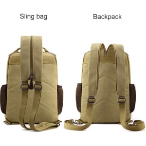 A beige canvas sling bag hybrid with adjustable straps and side pockets, presented from the back view.