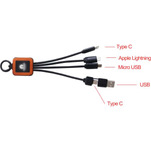 A square-shaped light-up charging cable in black and orange, featuring Type C, Apple Lightning, and Micro USB connectors.