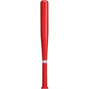 A red plastic pen shaped like a baseball bat, featuring a silver band near the base and a logo at the bottom.