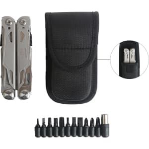 A silver multi-tool with a black carrying case and various screwdriver bits arranged beneath it.