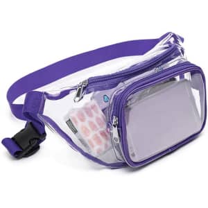 A clear fanny pack in purple, featuring a main compartment and a smaller front pocket, with a clip buckle.
