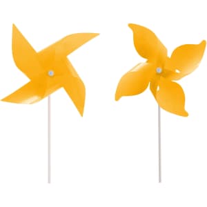 A yellow four-leaf pinwheel with a white stick, featuring two designs in a playful, vibrant style.