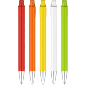 A set of five plastic pens in red, orange, yellow, white, and green, featuring silver accents and a logo.