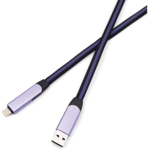 A long, braided charging cable in purple and black, featuring USB and Lightning connectors on each end.