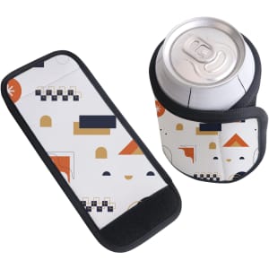 A drink bottle wrapped in a patterned Velcro stubby holder, featuring geometric shapes in various colours.