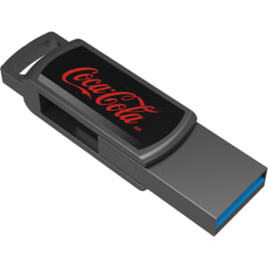 A black and grey flash drive featuring a logo, with a blue connector end.
