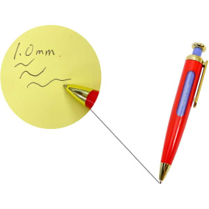 A red pen with a gold clip and a blue section, resting beside a yellow notepad with handwritten lines.