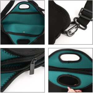A black laptop bag with a teal interior, featuring handles, zippers, and interior pockets. Includes a logo.