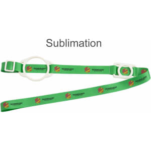 A drink bottle lanyard in green with white fittings and printed logos, designed for convenience and functionality.