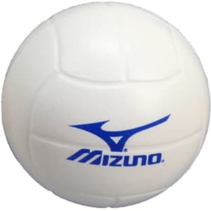 A white volleyball-shaped stress reliever with blue detailing and a logo.