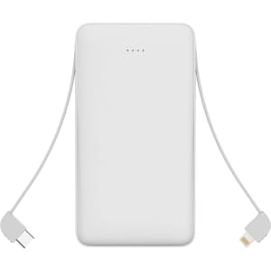 A white 10000mAh slim power bank with an attached charging cable in grey. It features indicator lights on the front.