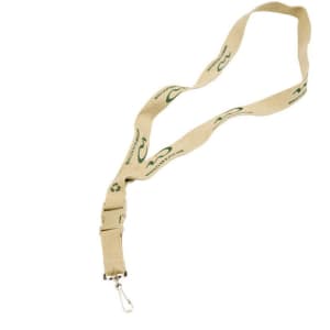 A beige cotton lanyard with a logo and a clip attachment for securing items.